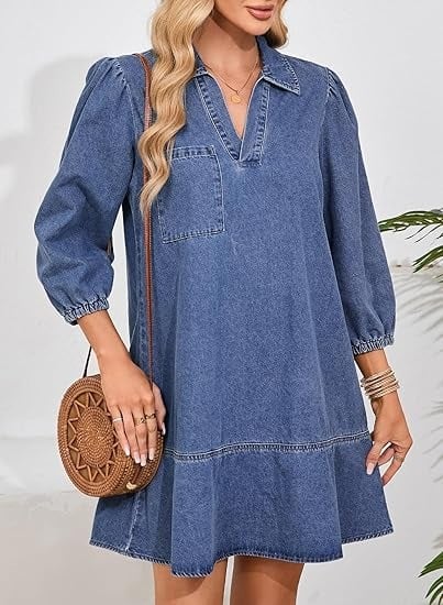 ⏰Hot Sale-Women's V-neck Puff Sleeve Denim Layered Dress