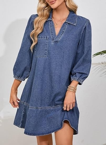 ⏰Hot Sale-Women's V-neck Puff Sleeve Denim Layered Dress
