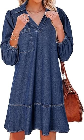 ⏰Hot Sale-Women's V-neck Puff Sleeve Denim Layered Dress