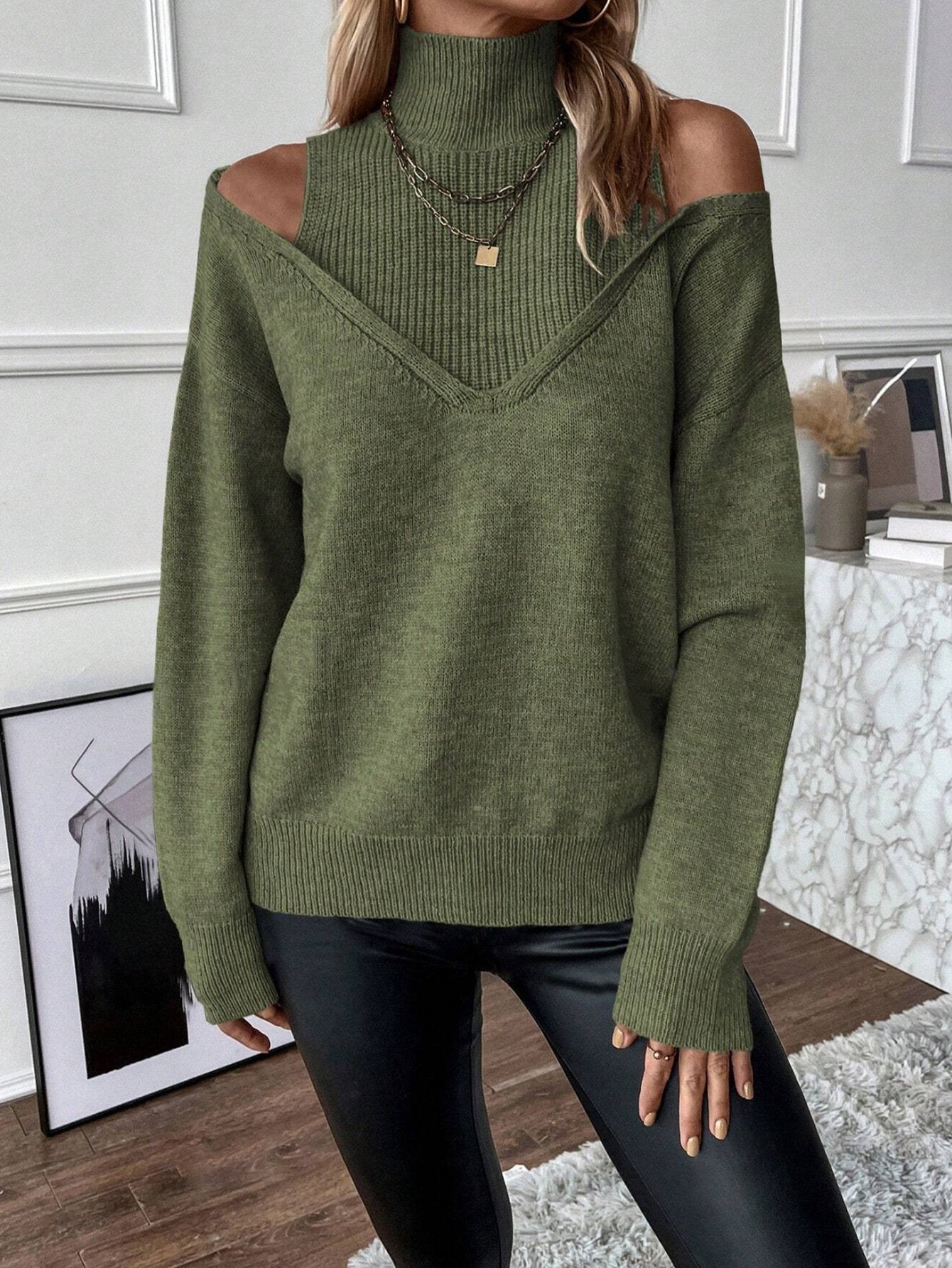 💥2025 HOT SALE💥Women's Plain Cut Out High Neck Sweater