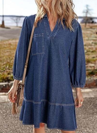 ⏰Hot Sale-Women's V-neck Puff Sleeve Denim Layered Dress